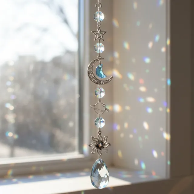 Full Bloom Suncatcher Kristal Maan & Ster – Zonnevanger Regenboogmaker – Raamdecoratie Binnen & Buiten – 44 cm zilver