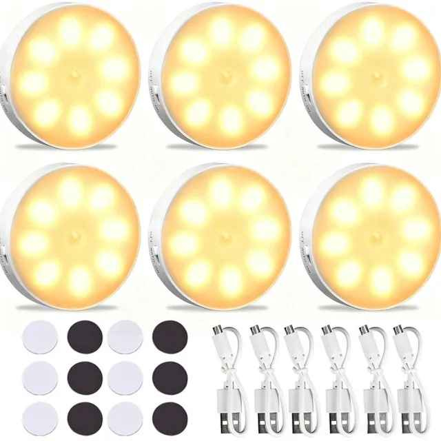 Ruijingsky Draadloze LED-nachtlampjes - LED-kastverlichting - Met bewegingssensoren - Draadloos - Oplaadbaar - Met magneten - Eenvoudig rond - Magnetische nachtlampjes - 6 stuks Wit Warme