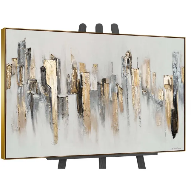 YS Canvas schilderij groot handgeschilderd stedelijke ritmes urban abstract – YS-Art Gallery – Dynamische wanddecoratie voor woonkamer – Modern schilderij voor kantoor en hal Gold