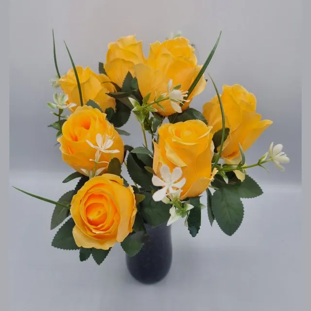 Bomm Boeket - Roos - U958-m4 - 34cm - Zalm - 7 bloemen - Grafdecoratie - Zijdenbloemen - Kunstbloemen