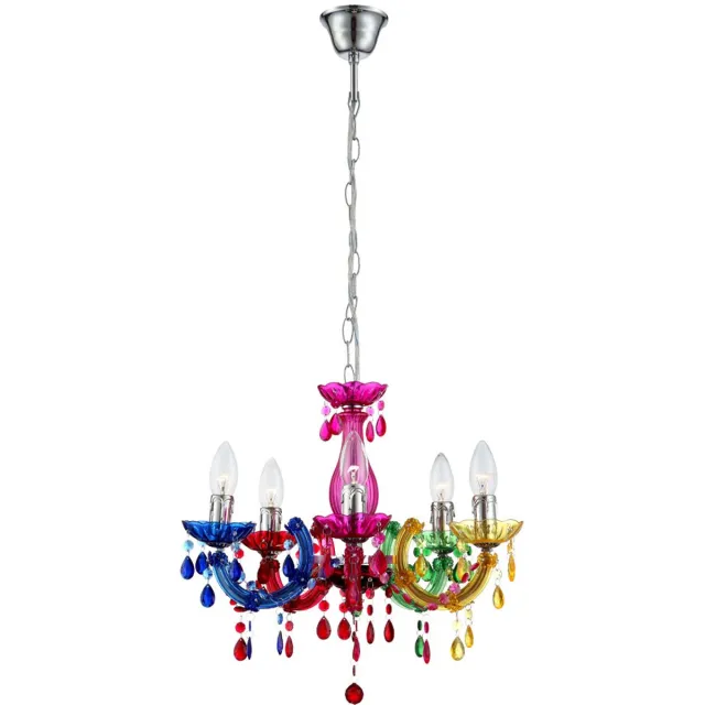 Globo Kroonluchter moderne hanglamp slaapkamerverlichting 5 vlammen, gekleurde kristallen, metaal acryl, 5x E14, DxH 44 x 128 cm Kleurrijk
