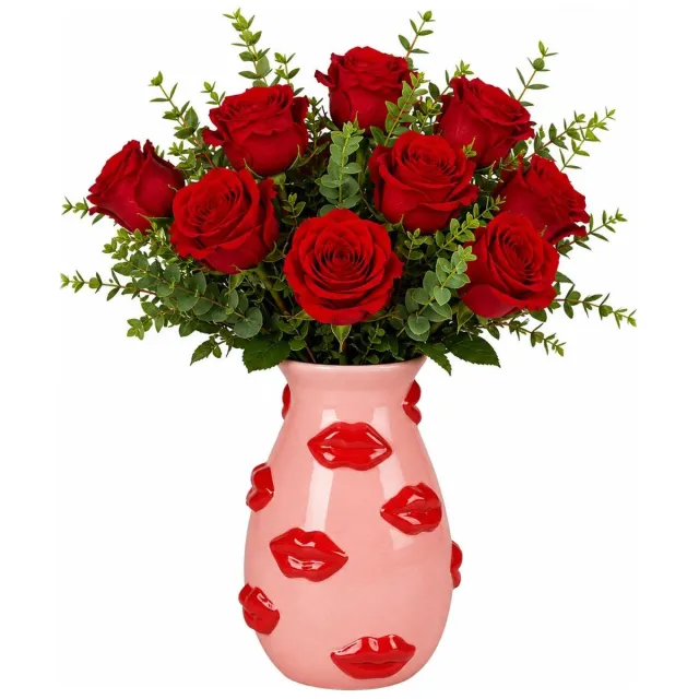 Urban Living vaas Lips - D8 x H18 cm - Keramiek - roze / rood - lippen bloemenvaas Lichtroze
