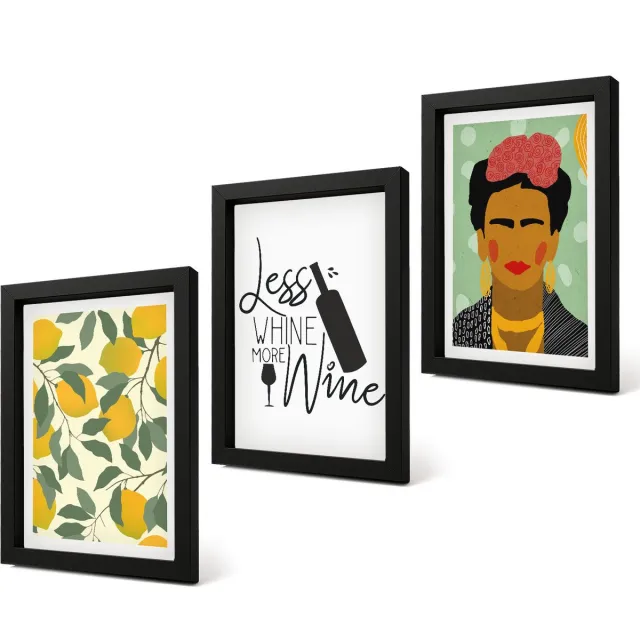 Coloray 4-Delige Schilderij Set - Citroenen Wijnfles Portret van Frida Kahlo - 20 x 30 cm - Stijlvolle Muurdecoratie - Slaapkamer - Woonkamer Decoratie Zwarte lijst