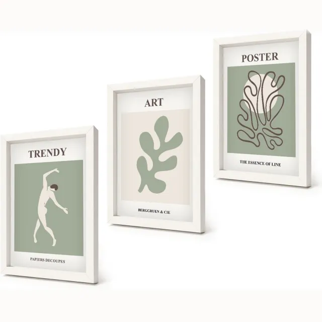 Coloray 3-Delige Schilderij Set - Abstracte figuren en plantmotieven in ingetogen kleuren. - 20x30 - Wanddecoratie - Schilderijen Set - Interieur - Interieur Decoratie Witte lijst