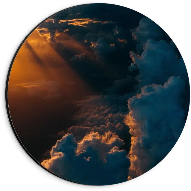 KuijsFotoprint Dibond Wandcirkel - Wolken met Zonnestralen - 20x20cm Foto op Aluminium Wandcirkel (met ophangsysteem) Blauw