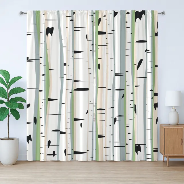 ABAKUHAUS Rustiek boomgordijn, berkenstammenpatroon, met lussen en haken voor de woonkamer, 280 x 175 cm, wit donkergrijs