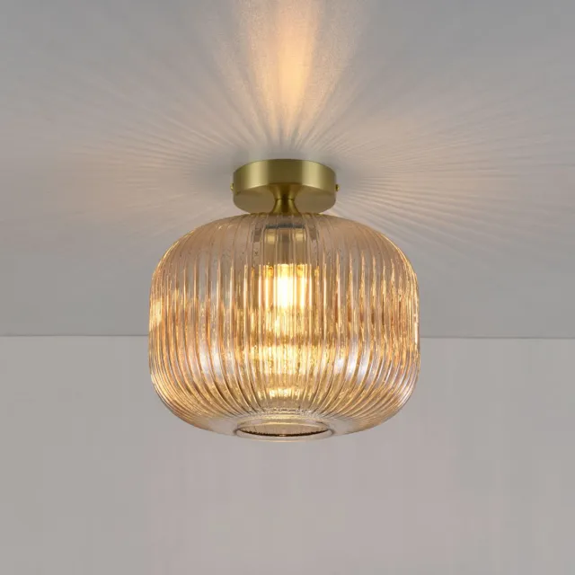 LUSENZ Plafondlamp Virello ambra - Lamp voor binnen, gemaakt van geribbeld amberkleurig glas en goud metaal - Zonder lichtbron