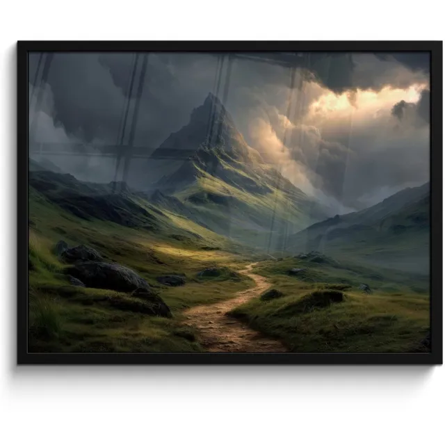 FrameYourWall Poster in lijst - Fotolijst 80x60 cm - Posters - Bergen - Kronkelpad - Groen - Wolken - Posterlijst zwart - Decoratie - Wanddecoratie woonkamer - Muurdecoratie slaapkamer Bergen - Pad - Wolken