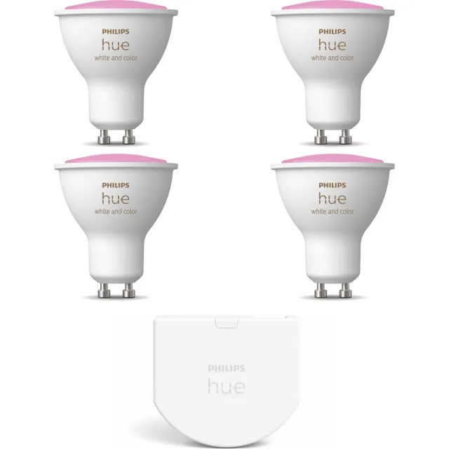Philips Hue Uitbreidingspakket - GU10 - met 4 Spotjes - Wit en Gekleurd Licht - Incl. 1 Hue Wall Switch - Hue White and Color Ambiance