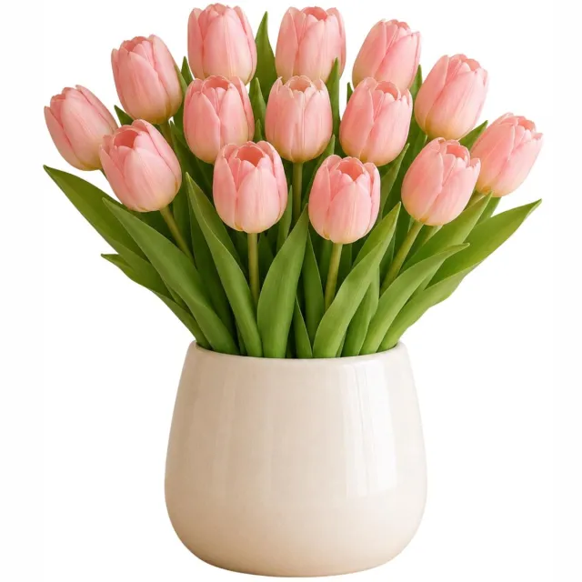 Bellatio Design Kunst tulpen boeket Vermeer - 14x stuks - lichtroze - real touch - 31 cm