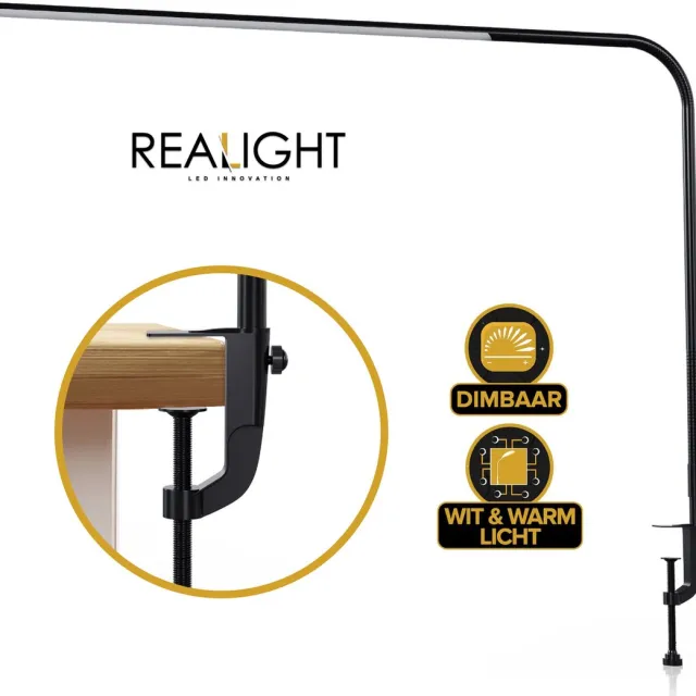 Realight Led Bureaulamp met Klem - Verstelbare Leeslamp - Daglichtlamp - 110 x 1,5 cm - Zwart