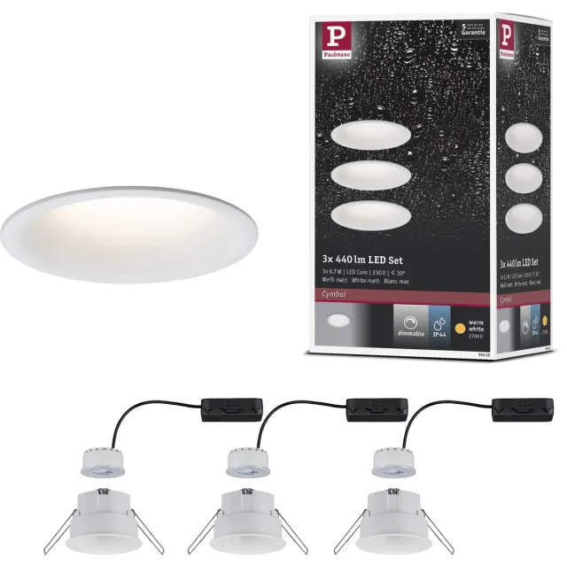 Paulmann LED-inbouwlamp Cymbal Coin Set van 3 IP44 rond 77 mm Coin 3x6,7W 3x430lm 230V dimbaar 2700K Wit mat