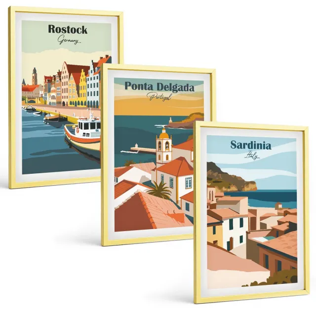 TULUP 4-Delige Schilderij Set - Uitzichten op Europese kust- en havensteden - 40 x 60 cm - Muurdecoratie - Wanddecoratie - Hal - Woonkamer Decoratie Gouden lijst