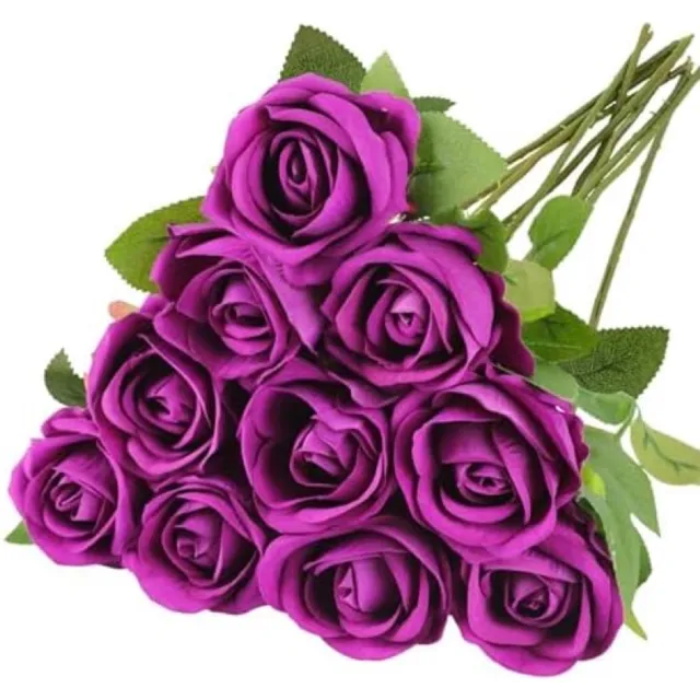 PromoHome Kunstrozen Set van 10 Stuks - Paarse Zijden Bloemen met Lange Stelen - Realistische Namaakrozen voor Bruidsboeket, Huisdecoratie, Feesten en Evenementen - 51 cm Hoog