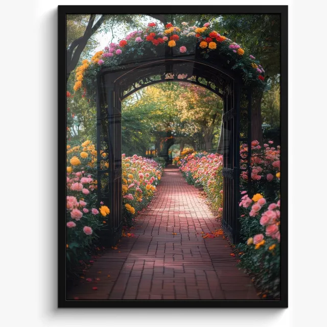 FrameYourWall Poster in lijst - Fotolijst 50x70 cm - Posters - Doorkijk - Bloemen - Pad - Natuur - Kleurrijk - Posterlijst zwart - Decoratie - Wanddecoratie woonkamer - Muurdecoratie slaapkamer Poort - Tuin