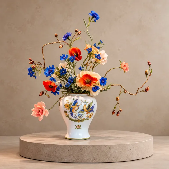 Seta Fiori Brocante Kunstbloemen in Italiaanse Aardewerk Vaas - 55 cm - Handgemaakt in Nederland - Blauw, Oranje en Perzik - Compleet Boeket creme, geel, blauw, groen