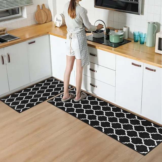 De Groen Home Vloerkleed Keukenloper set 65x180 & 60x100 cm - Deurmat binnen - Halloper set - Ogea patroon - Wasbaar Antislip Zacht Tapijt Zwart & Wit