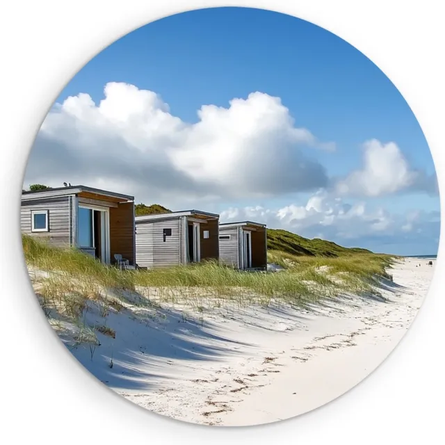 Saammp Muurcirkel Hout - Strand Huisjes - Zee - Duinen - Ø 40 - Wandcirkel - Wanddecoratie Cirkel - muurdecoratie Woonkamer - Slaapkamer decoratie - Rond Schilderij