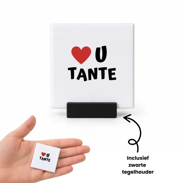 Hacebo love u tante tegeltje met tegelhouder - Tante - de liefste tante - tegeltjes met tekst - verjaardag - cadeautje voor tante - tante artikelen - kado - geschenk - spreuktegels - 4.8x4.8 CM Wit