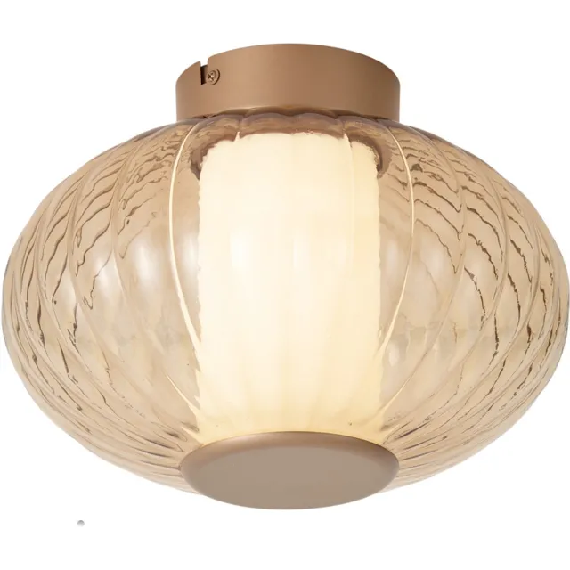 QAZQA led design plafondlamp - Margherite - messing, goud met amberglas, vintage, dimbaar, 28cm, ideaal als hal, slaapkamer en woonkamer lamp