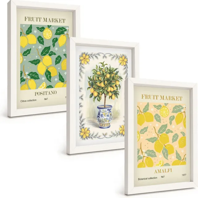 TULUP 3-Delige Schilderij Set - Italiaanse posters met citrusbomen en fruit - 20x30 - Schilderijen Set - Wanddecoratie - Woonkamer Witte lijst