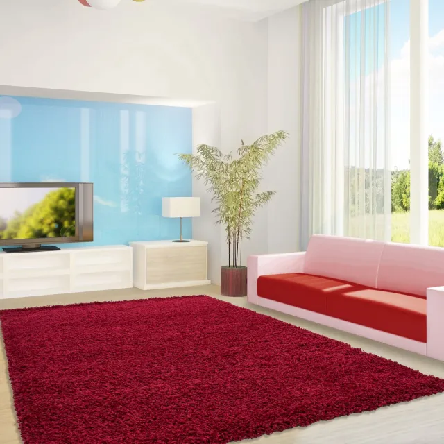 Ayyildiz Hoogpolig vloerkleed, effen kleur - effen rood, vloerkleed voor de woonkamer, jute achterkant, afmeting: 300 cm x 400 cm