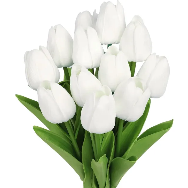 Famanu Kunstmatige Bloemen Tulpen - 12 Stuks Real Touch Latex kunstmatige Tulpen Boeket - Tulpen Voor Bruiloft Boeket Centerpieces - Moederdag - Partij - Home Hotel Office Decor (Wit)