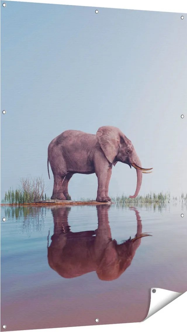 Gards Tuinposter Olifant bij het Water - 100x150 cm - Tuindoek - Tuindecoratie - Wanddecoratie buiten - Tuinschilderij Multikleur