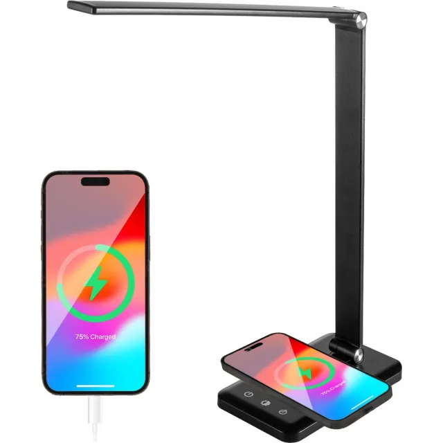 Auronic Bureaulamp - LED - Puzzellamp - USB en Draadloos Mobiel Opladen - Timer - Dimbare Klemlamp - Wit en Warm Licht - Zwart