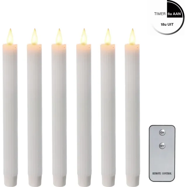 comforder 6 LED kaarsen met Afstandsbediening - Lange Elektrische Dinerkaarsen op Batterijen met Timer en Flikkerende Vlam - 25cm Wit Wit Diner