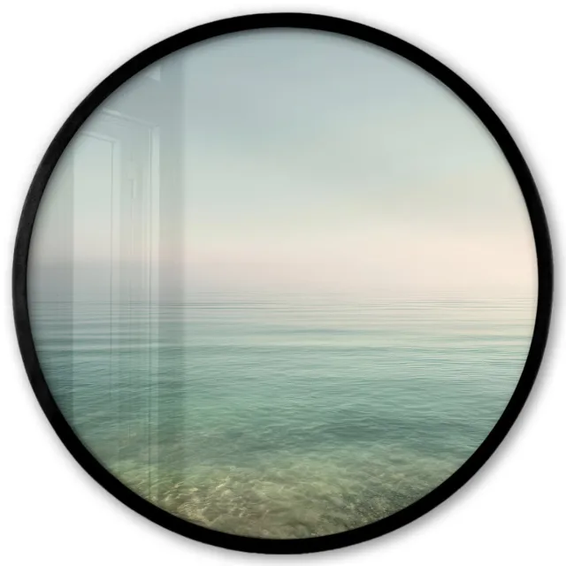 FrameYourWall Poster in lijst Rond - Fotolijst 40x40 cm - Posters - Zee - Horizon - Blauw - Mist - Ronde posterlijst zwart - Decoratie - Wanddecoratie woonkamer - Muurdecoratie slaapkamer Zee - Horizon - Mist