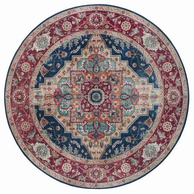 flycarpets Oriental Rond Vintage vloerkleed - Rood / Blauw - Laagpolig Tapijt - ∅ 160 cm