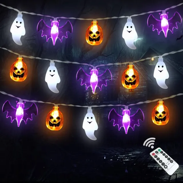 KZQ Halloween lichtslinger 3 meter met 20 LED's - Met timer afstandsbediening 8 modi en waterdicht - 3D pompoen en vleermuis decoratie voor binnen en buiten - Oranje