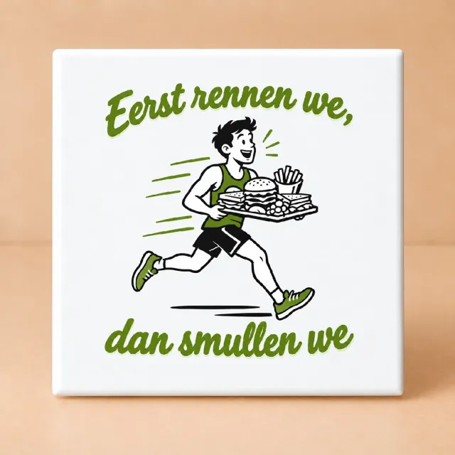 Bedruk King Strakke Hardlopers tegen de feestdagenkilo’s Tegel – Minimalistisch lijnwerk voor sportieve hardloopliefhebbers - 15 x 15 cm Wit
