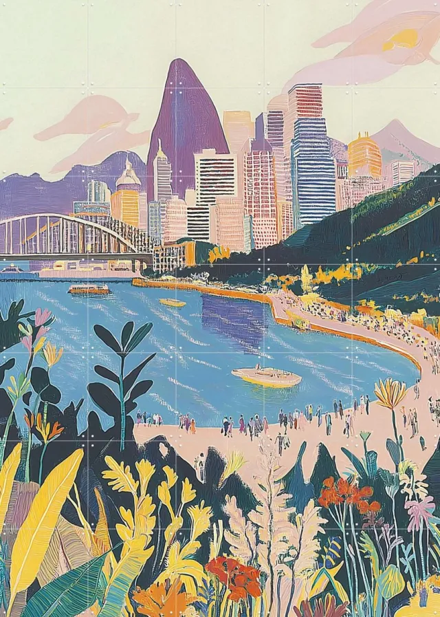 IXXI City Beach, Artclaud - 100 x 140 cm - Grote wanddecoratie en posters - Illustraties, Kleurrijk, Woonkamer, Zeelandschappen & Kust, Skyline Blauw