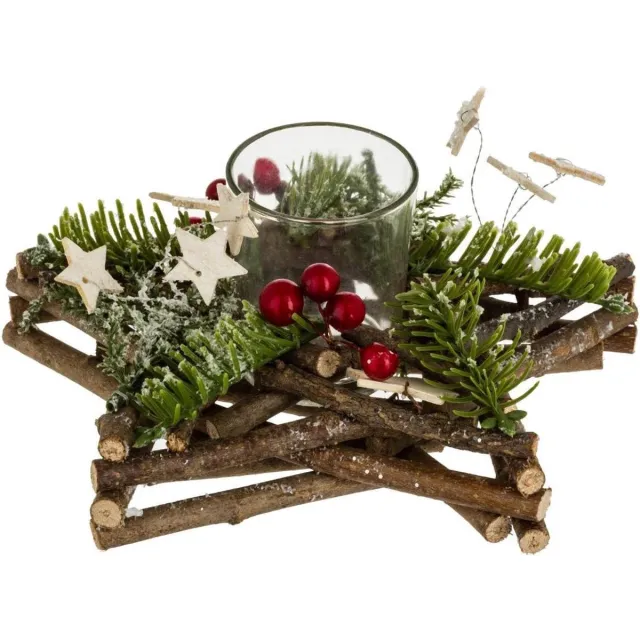 Feeric lights & Christmas Atmosphera - Tafelversiering in de vorm van een ster met 1 rode houten kaarsenhouder Beige