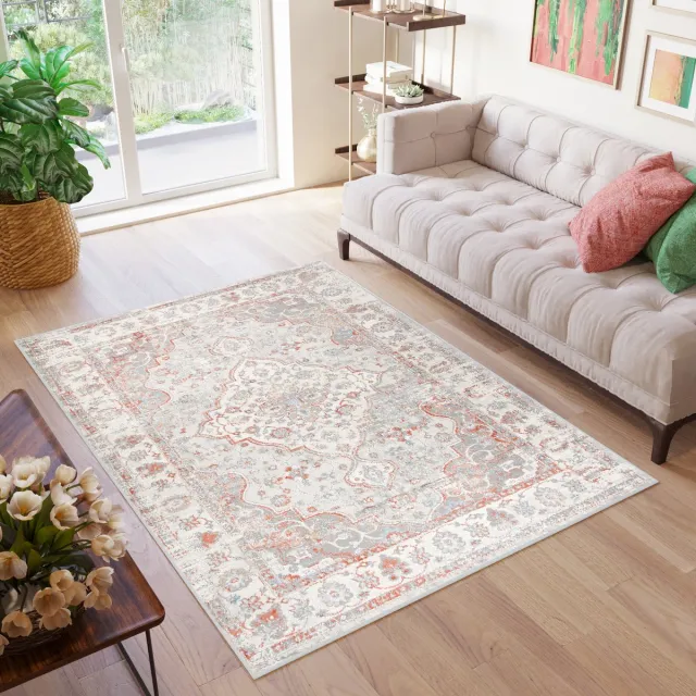 Tapiso Valley Vloerkleed Oranje Grijs Laagpolig Vintage Tapijt Grijs2