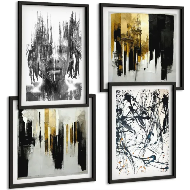 Coloray 4-Delige Schilderij Set - Contrasterende Abstracties Met Portret En Architectuur - 40 x 40 cm En 40 x 60 cm - Stijlvolle Muurdecoratie - Kantoor - Moderne Wanddecoratie Zwarte lijst