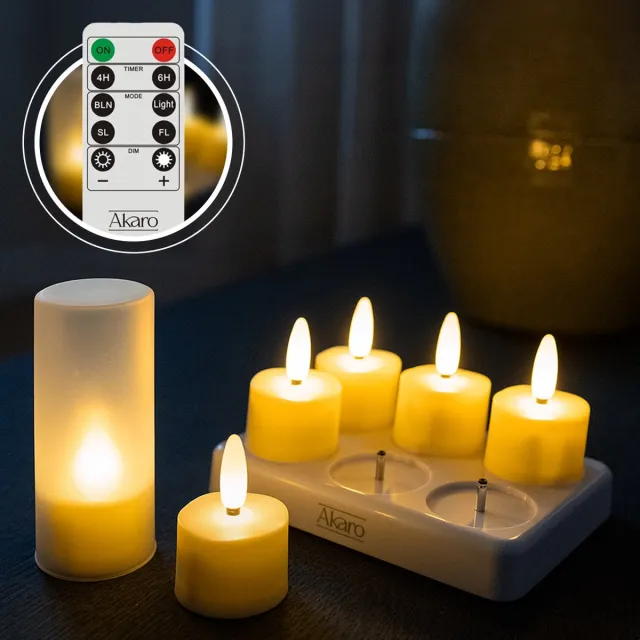 Akaro Oplaadbare Waxinelichtjes – 6 Flikkerende LED Waxinelichtjes – Theelichtjes Oplaadbaar - met Afstandsbediening & Oplaadstation – 75+ Branduren