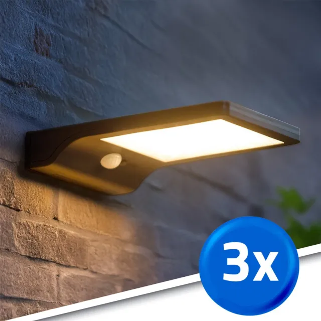 RexTech Solar wandlamp buiten 'Slim' - Zwart - Set van 3 stuks - 250 lumen - Warm wit (3000K) - IP44 - Buitenlamp met bewegingsmelder - Tuinverlichting op zonne-energie Zwart - 3 stuks