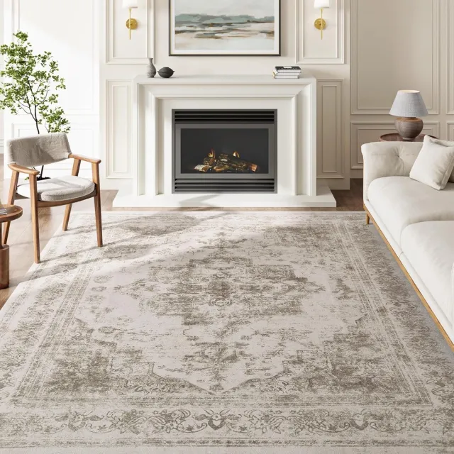 HUGEAR Vintage Vloerkleed - Zacht Tapijt - Woonkamer Decoratie - Machinewasbaar Ontwerp - Taupe Gedragen | Taupe