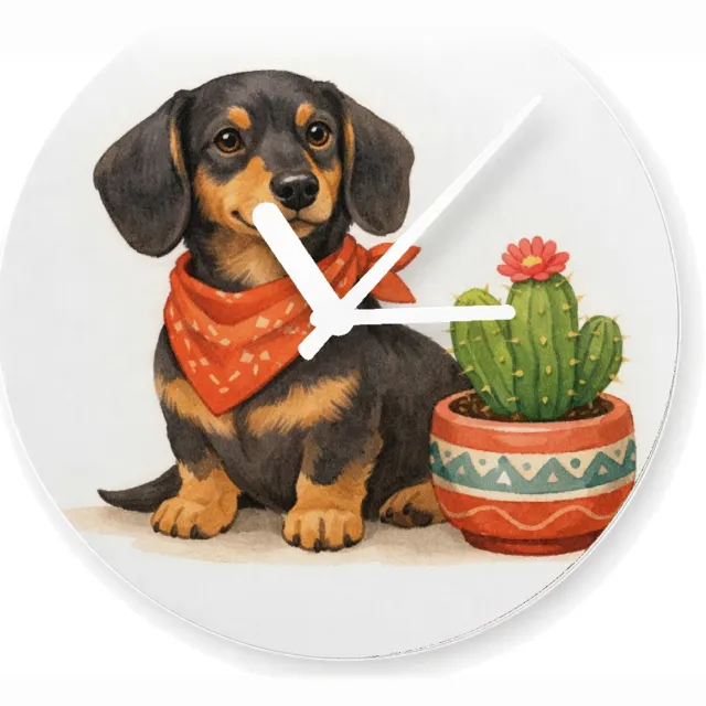 Mr Cadeautjes Glazen klok Ø 20 - design Een eigenwijze teckel met een bandana, naast een kleine cact | cadeau Wit