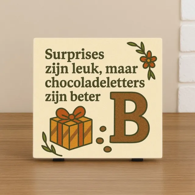 CreaCraft Spreuk Tegel 10,5x10,5cm – Sinterklaas Humor – Surprises zijn leuk, maar chocoladeletters zijn beter – Trendy Nu –Decoratie – Zomaar Illustratie