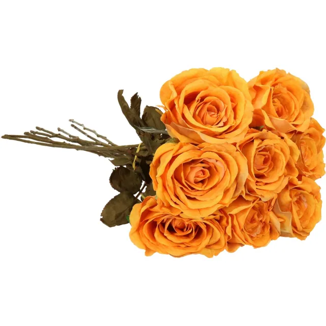 Top Art Kunstbloemen boeket roos Calista - 8x - perzik oranje - 66 cm - kunststof steel - decoratie