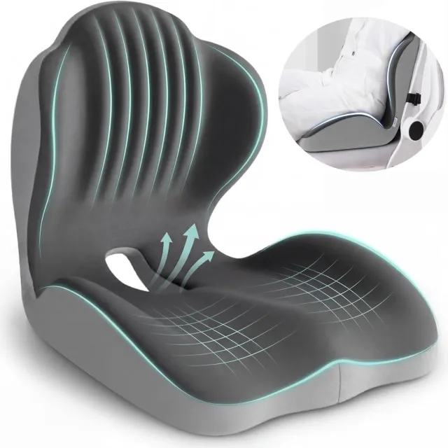 Flintry Ergonomisch traagschuim zitkussen - 2-in-1 stoelkussen met hol stuitbeen ontwerp - L-vormige ondersteuning voor bureaustoel en autostoel - Pijnverlichtend kussen - grijs&zwart