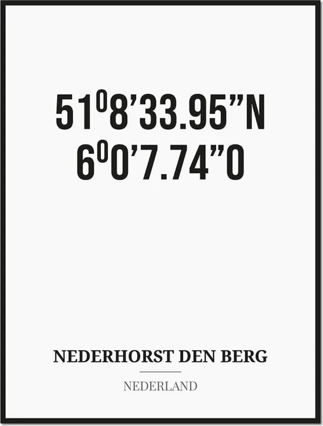 Studio216 Poster/kaart NEDERHORST DEN BERG met coördinaten zwart, wit