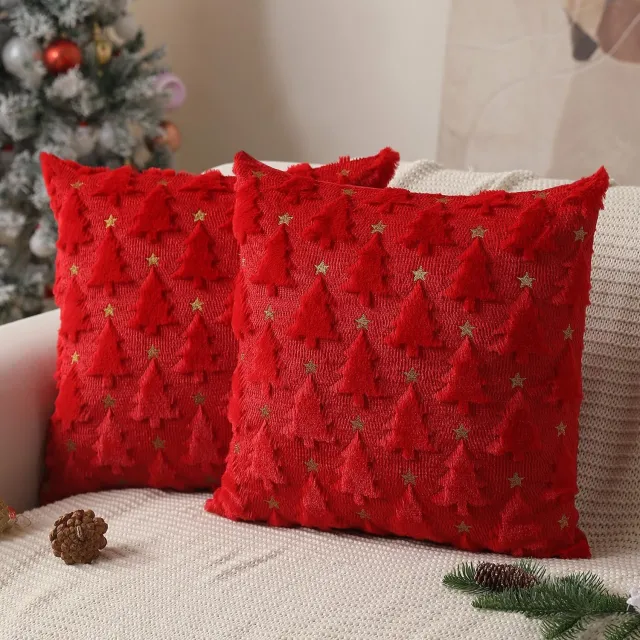QTTVBTNA 2 Stuks Kerst Kussenhoezen 45x45 cm – Luxe Sierkussenhoezen met Kerstboompatroon – Zachte Winter Kussenhoes voor Sofa, Slaapkamer en Woonkamer – Rood