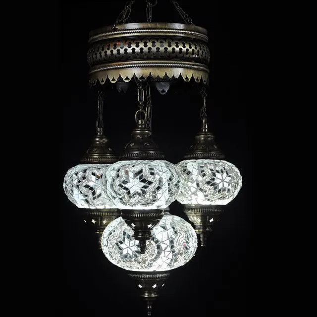 Halay Turkse hanglamp - mozaïek glas wit - 4 bollen - hoogte 80 cm - E-14 fitting