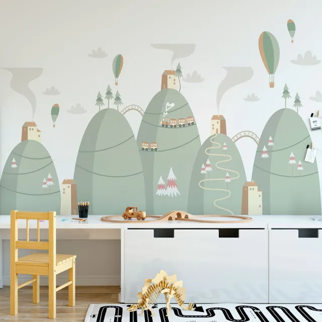 Ambiance Sticker Scandinavische bergstickers met heteluchtballonnen in de stad, 100 x 150 cm Multi color