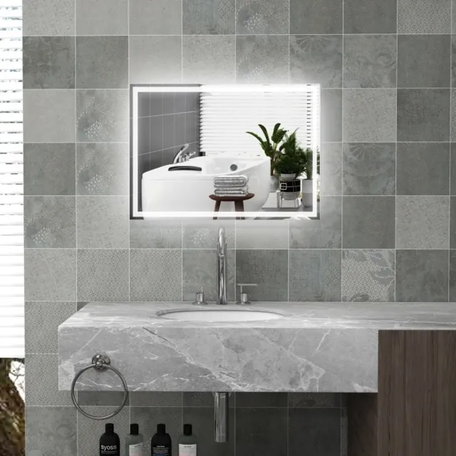 HAUSS SPOLE Badkamerspiegel Dimbaar – 70 x 50 x 4 cm – Gehard Glas – Zilver – Wandspiegel met Drie Lichtkleuren – Aanraakbediening en Condenswering